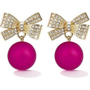 Women's Hot Pink Bow Rhinestone Pearl Bow Earring Holiday Jewelry Gift Christmas